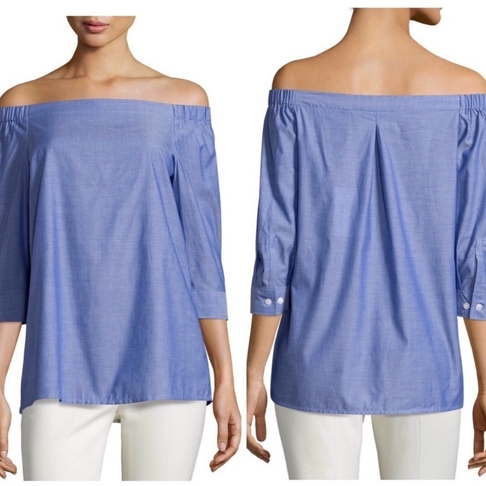 Theory Joscla Icon Shirting blue chambray off the shoulder cotton top medium
